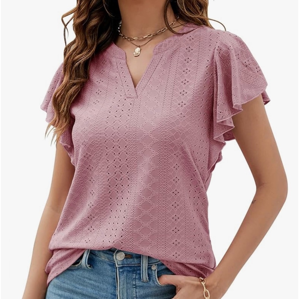 Ladies V-Neck Eyelet Ruffle Sleeve Blouse